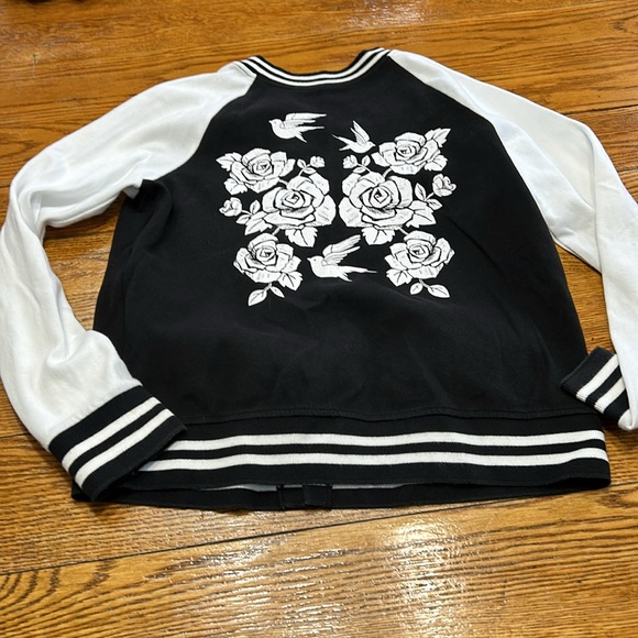 Justice Varsity jacket, black and white with glitter roses and birds. Girls 18. - Picture 5 of 14